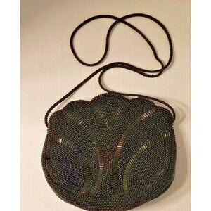 Beaded Evening Bag Black Zipper Closure Shoulder Rope Strap Scalloped Edge